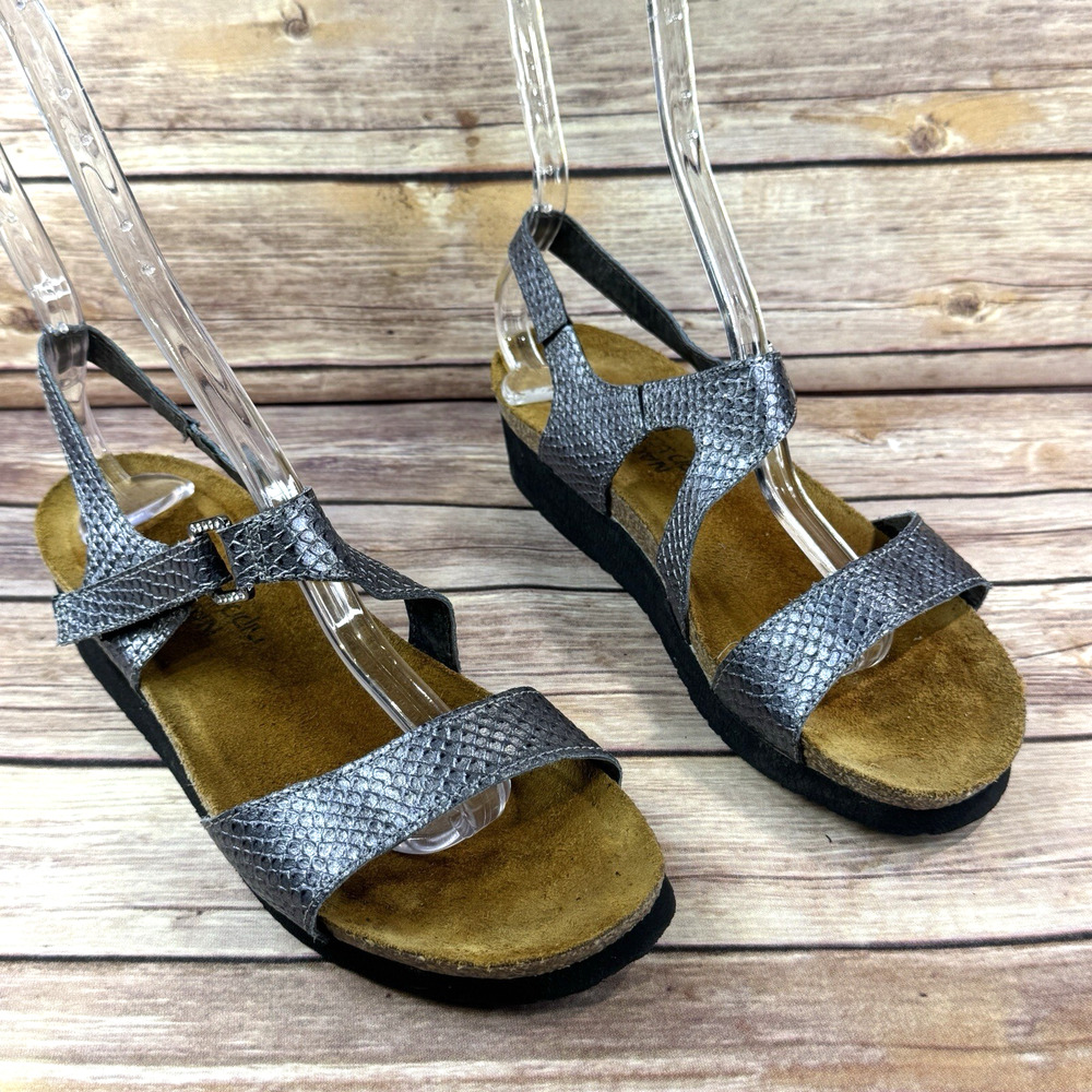 Naot Womens Metallic Gray Reptile Embosed Pamela Wedge Leather Sandals 8.5